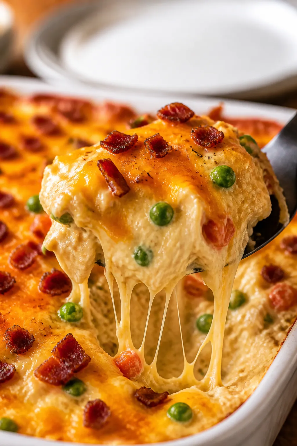 Close-up process shot of a portion being lifted from the casserole with a spatula: ultra-creamy inte