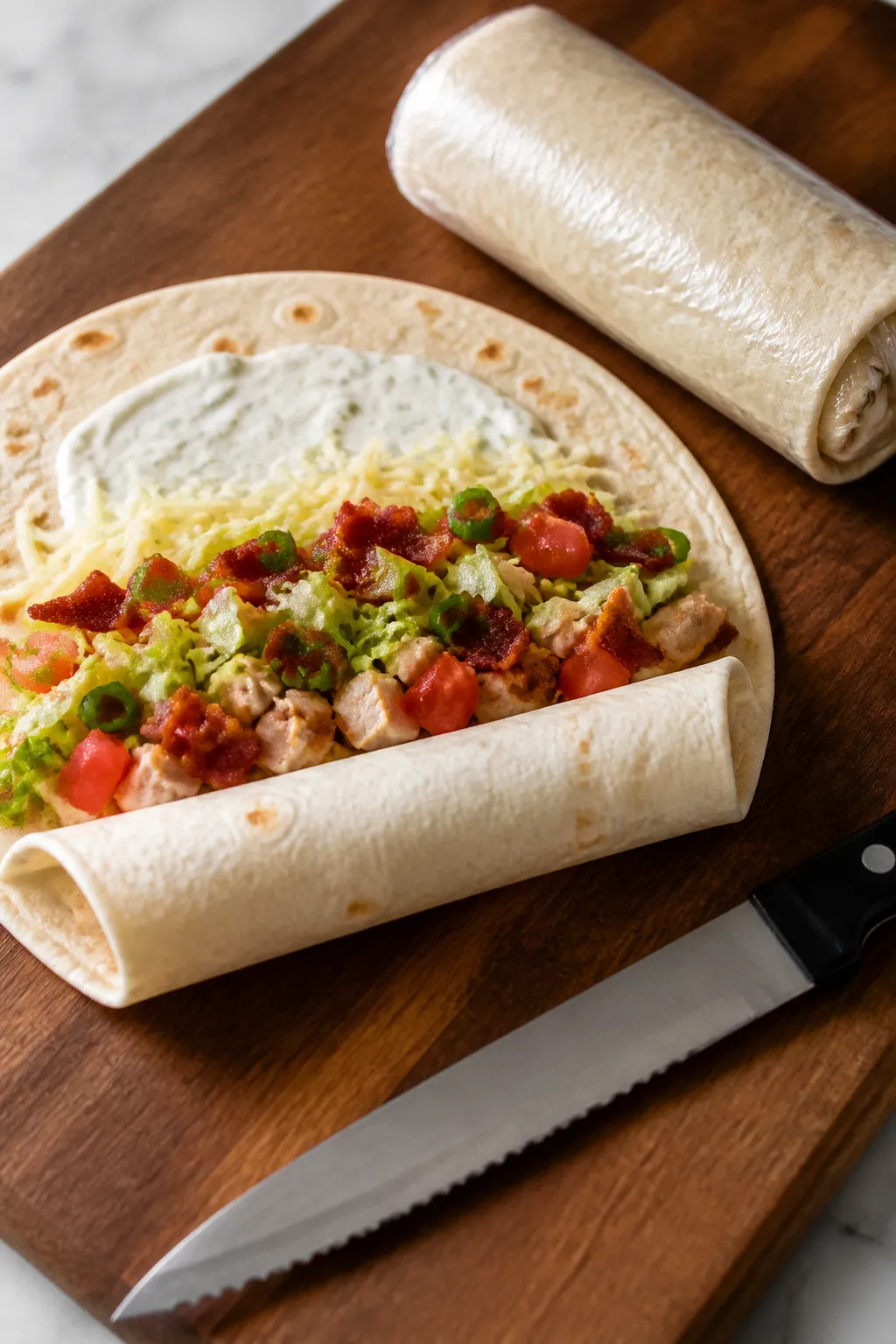 Close-up process shot of a warm flour tortilla on a board, being rolled seam-side down after filling