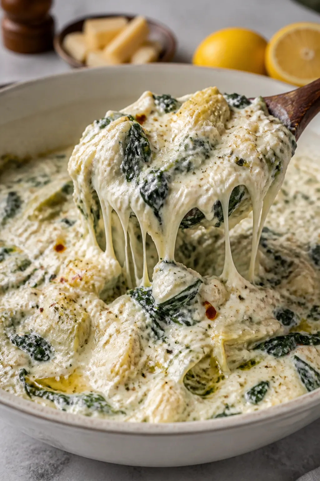 Close-up process shot of the creamy blended base being folded together with sautéed spinach, choppe