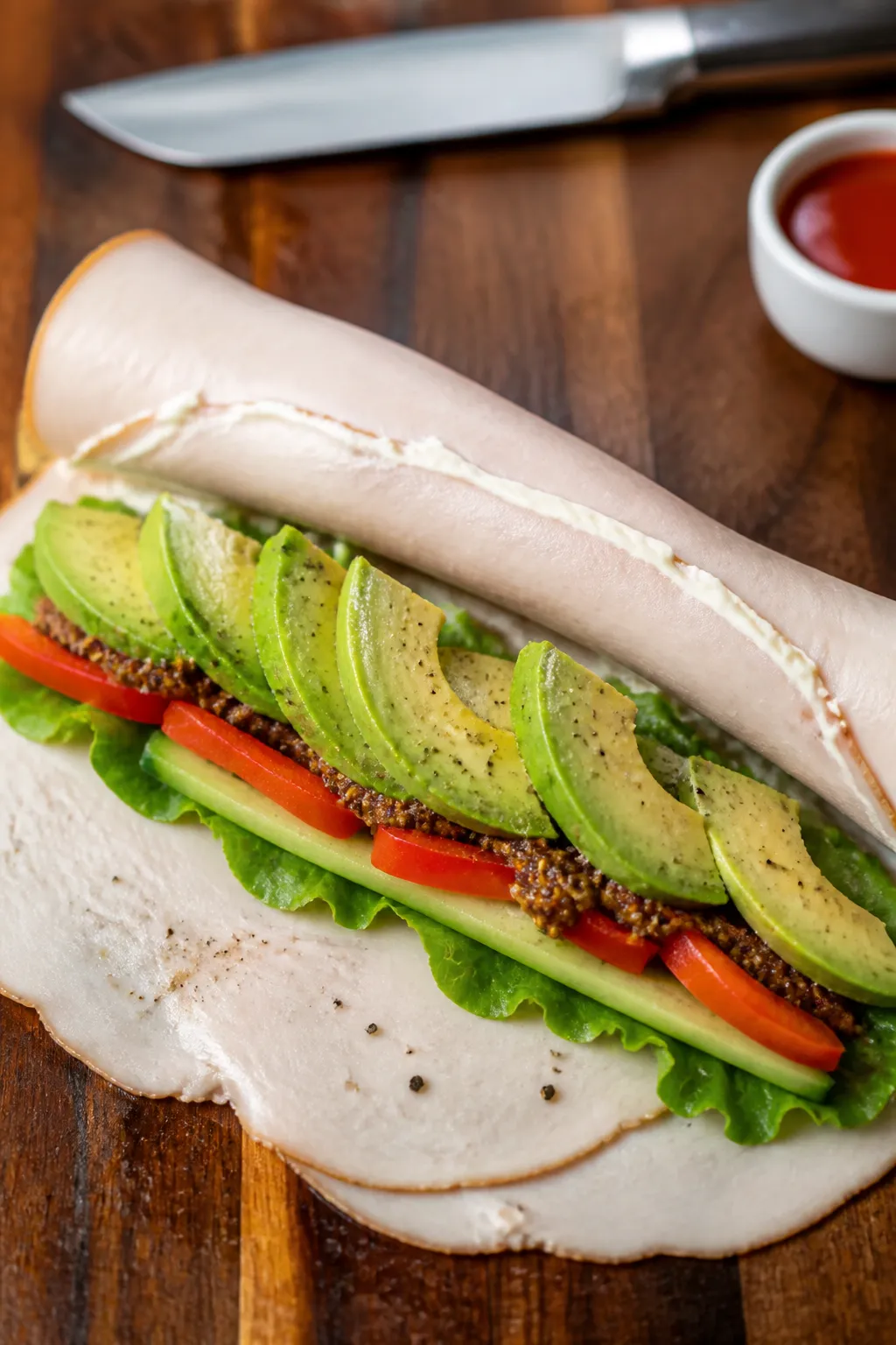 Close-up process shot of turkey avocado roll-ups being tightly rolled on a wooden board: overlapping