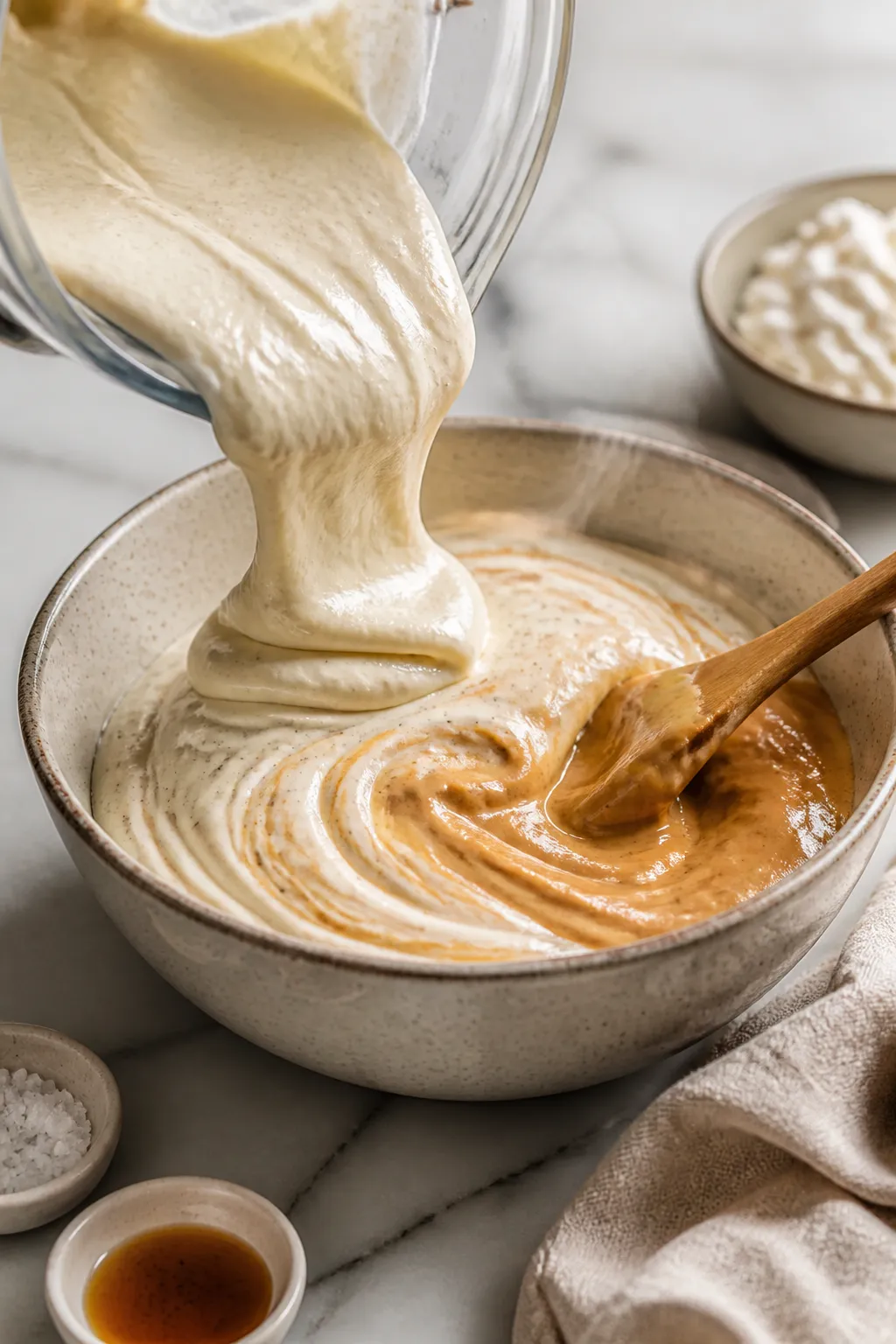 Close-up process shot: Silky blended cottage cheese base being poured from a blender into a ceramic 