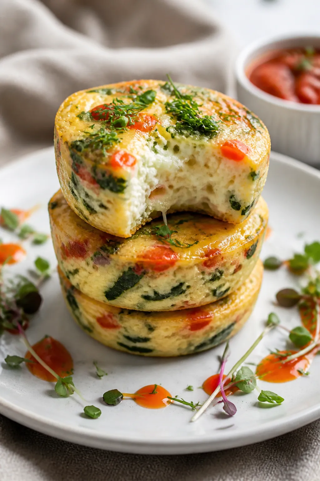 Close-up, shallow-depth final presentation of three cottage cheese egg bites stacked and slightly of