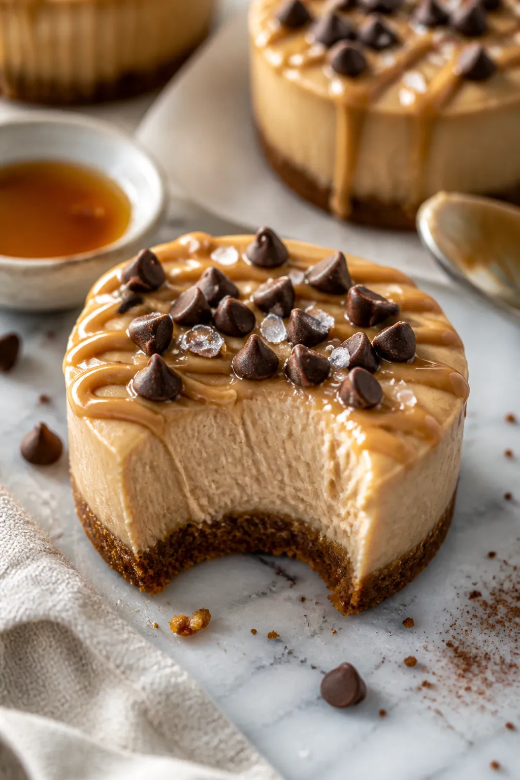 Close-up, shallow depth-of-field hero shot of chilled cottage cheese peanut butter cheesecake cups u