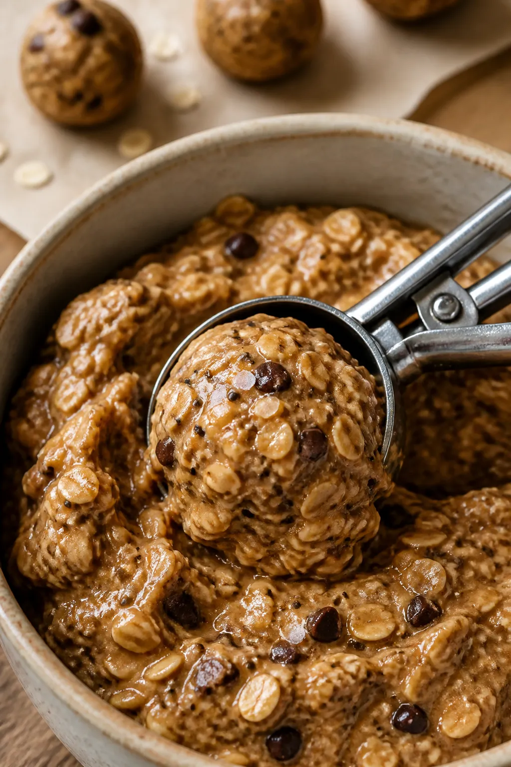 Close-up, shallow depth-of-field process shot of an ice-cream scoop portioning the thick, slightly s
