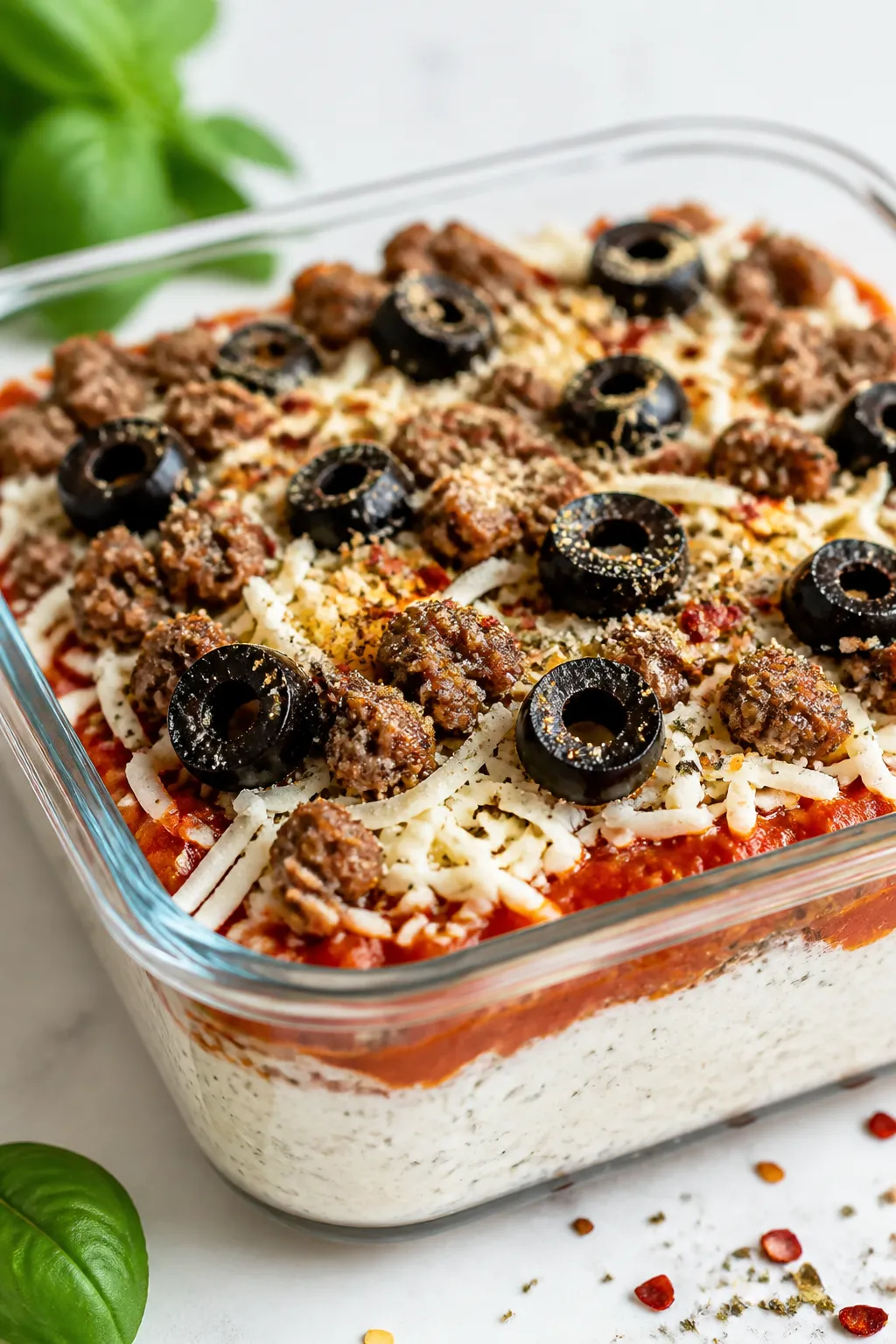 Close-up, shallow depth-of-field process shot of the assembled, pre-bake layers in a small glass mea