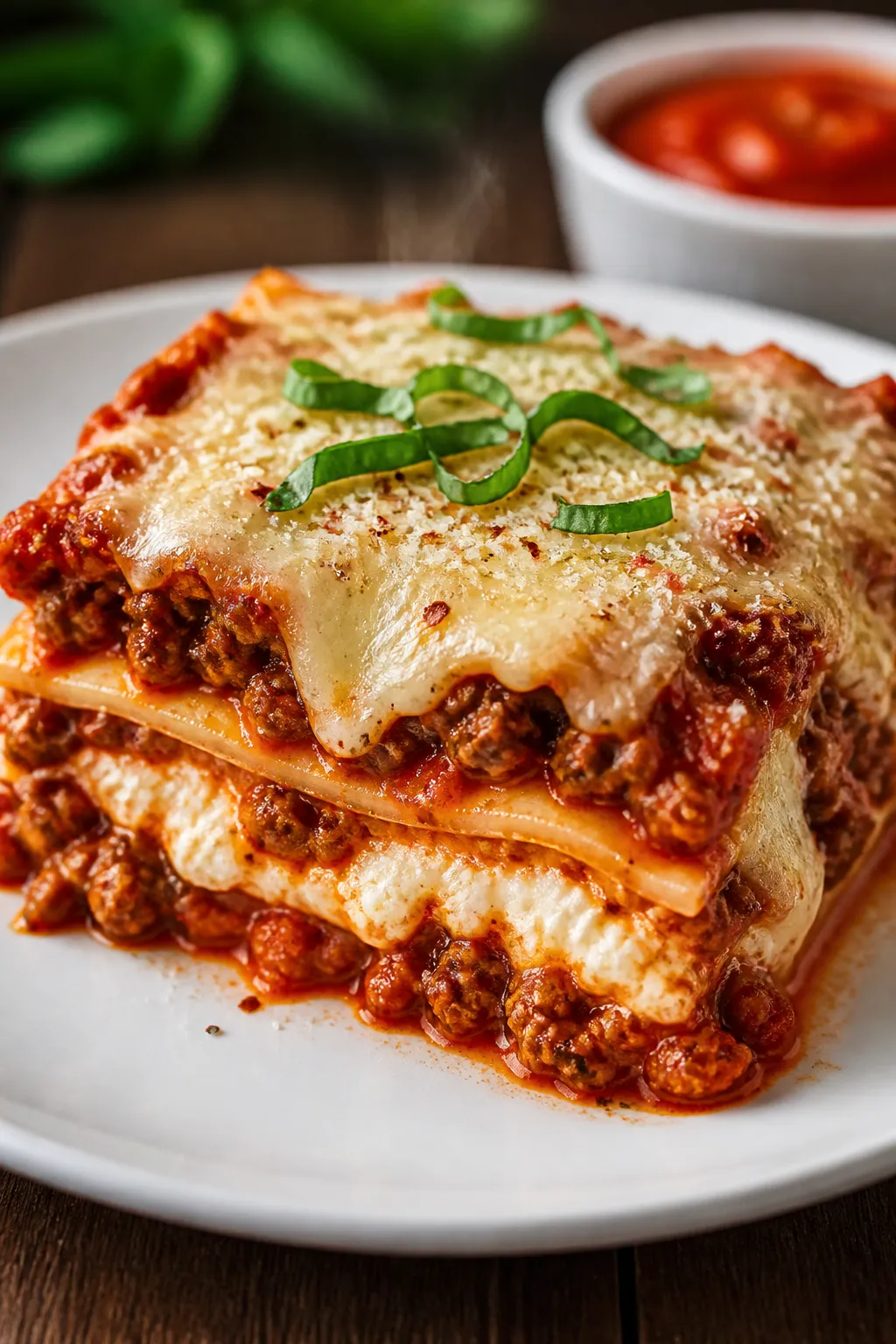 Close-up, three-quarter angle detail of a plated slice of Cottage Cheese Lasagna on a white ceramic 