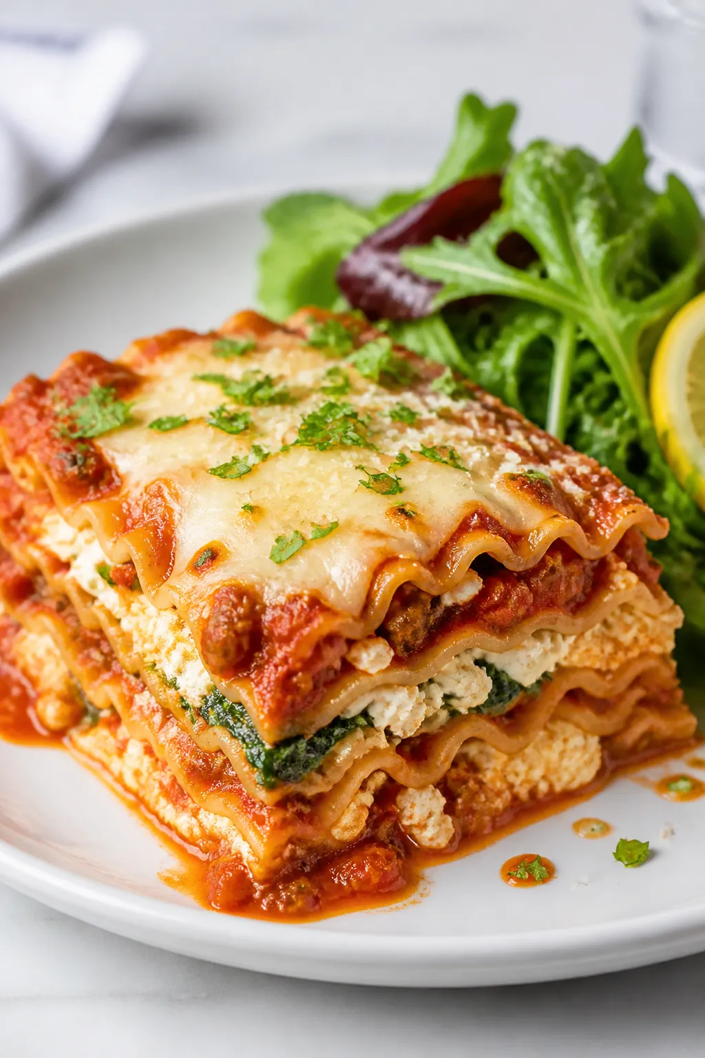 Close-up, three-quarter angle of a cleanly sliced meal-prep portion of Cottage Cheese Protein Lasagn