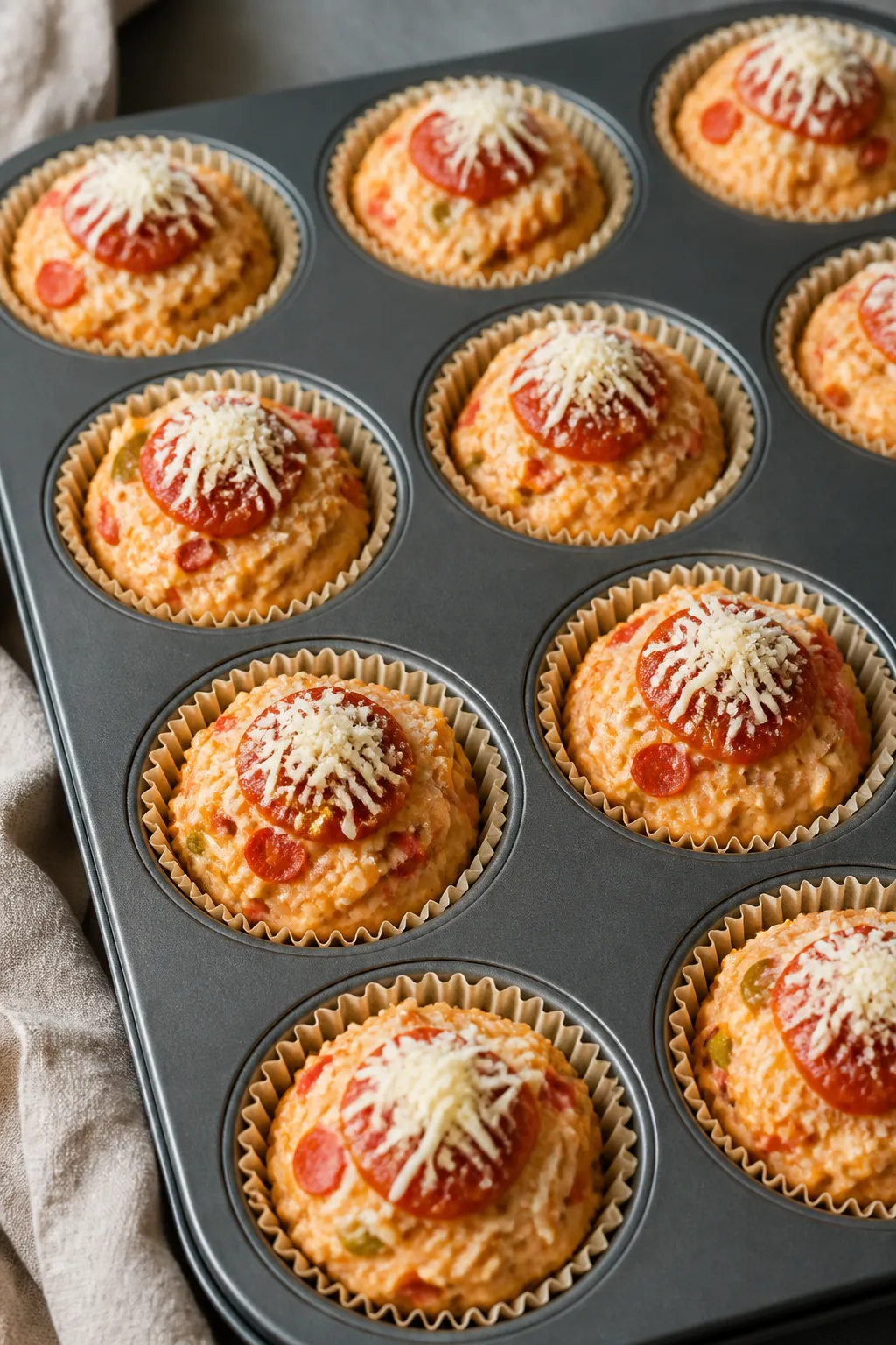 Close-up, three-quarter angle of High Protein Pizza Muffin batter being portioned into a lined muffi