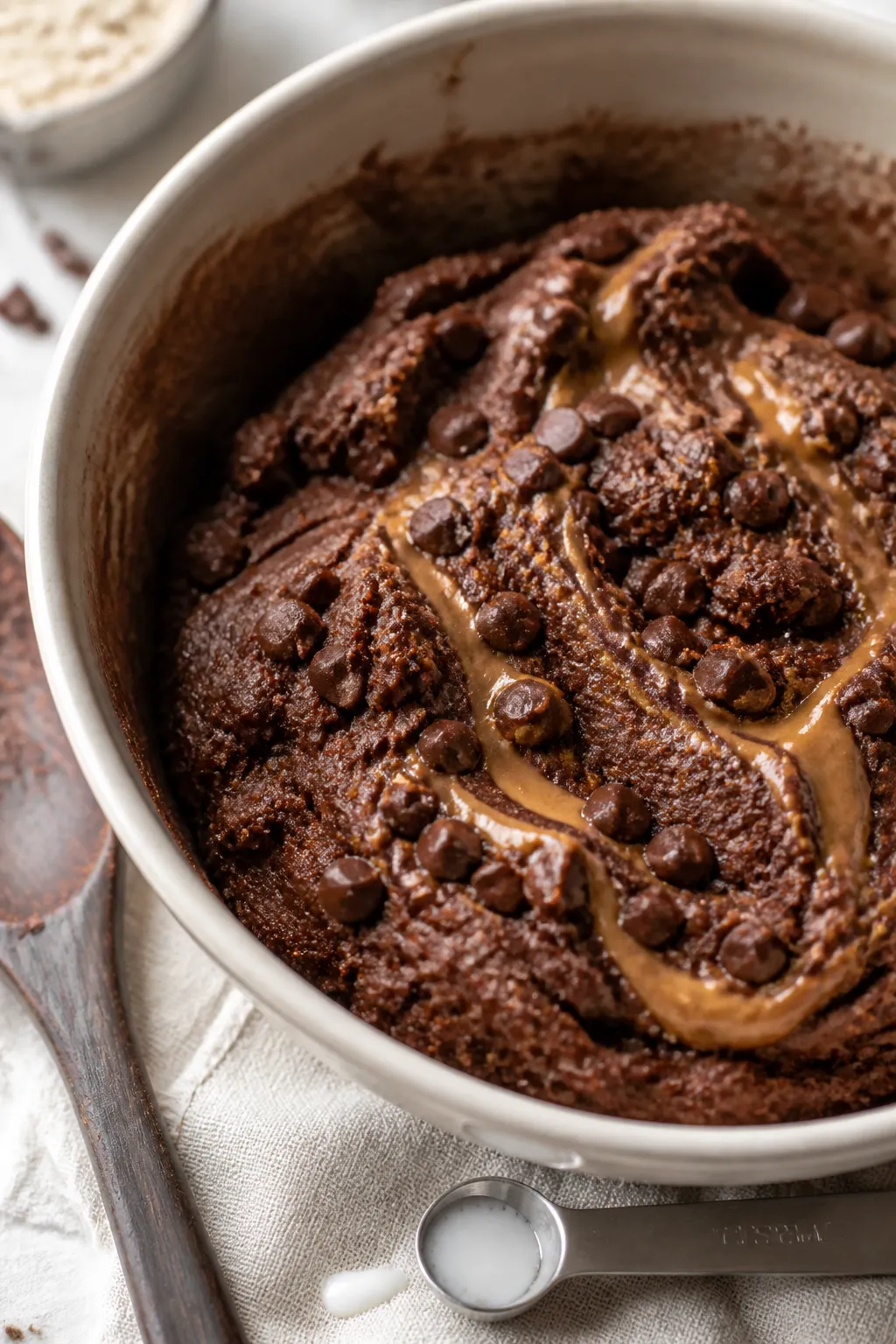 Close-up, three-quarter angle process shot of the thick, fudgy dough being hand-mixed in a matte cer