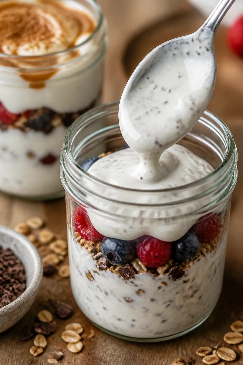 Close-up, three-quarter angle process shot showing the layering step: a spoon hovering over a jar as