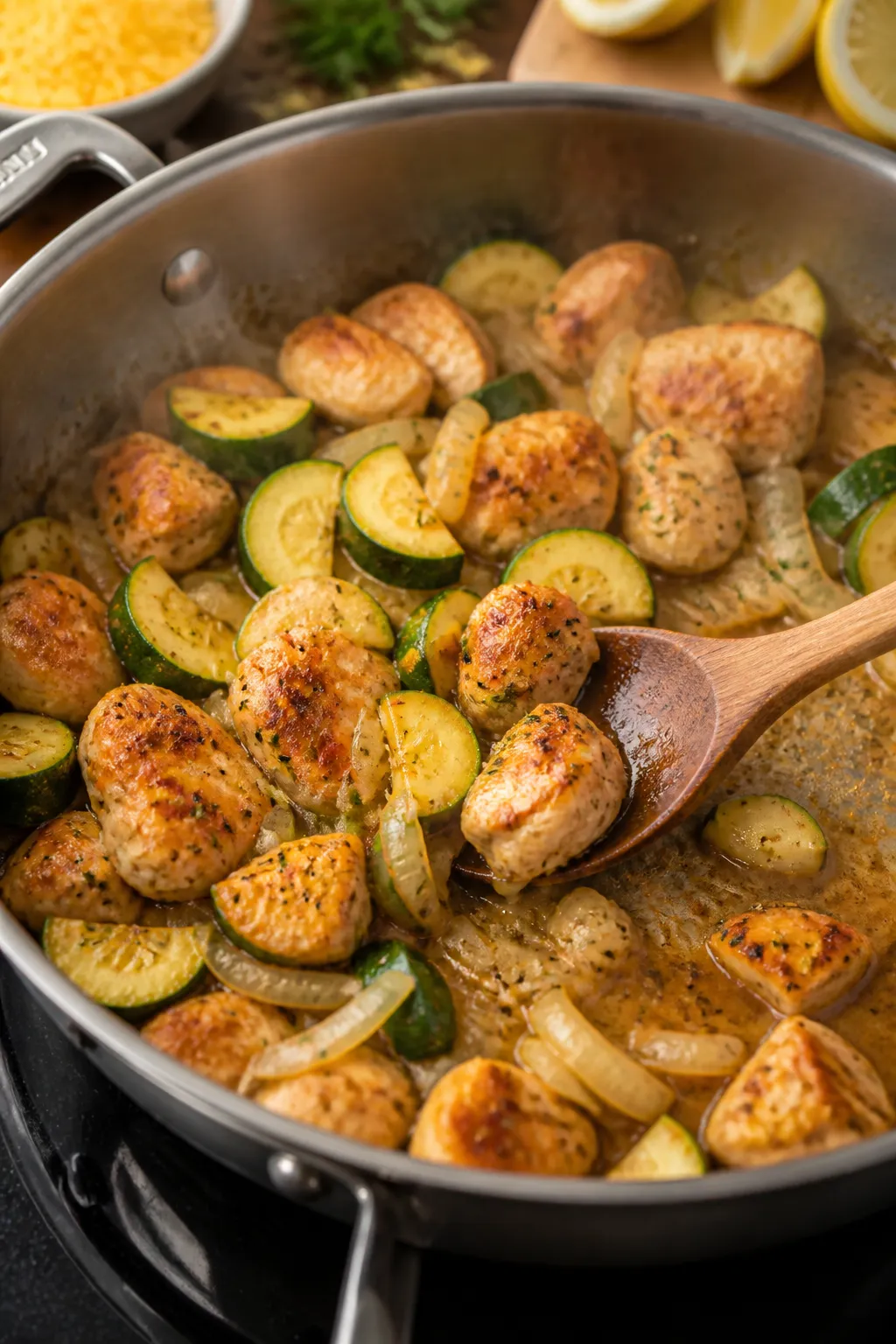 Cooking process — Chicken zucchini skillet sizzling in a large stainless skillet: golden-browned b