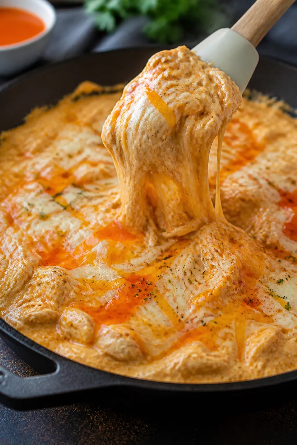 Cooking process close-up: A cast-iron skillet on medium-low heat with the whipped cottage cheese buf