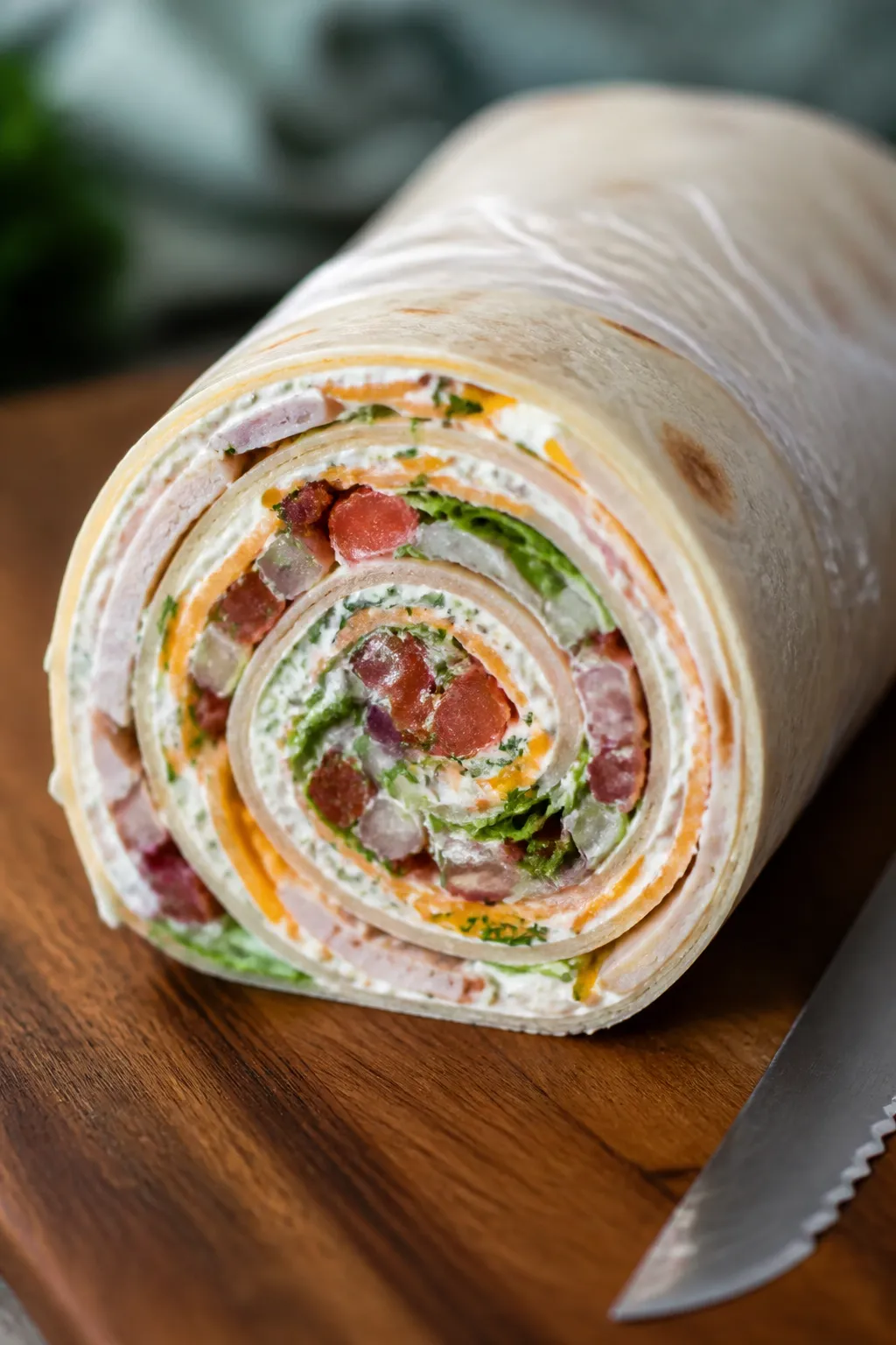 Cooking process close-up: A tight, angled shot of a freshly rolled turkey bacon ranch tortilla log w