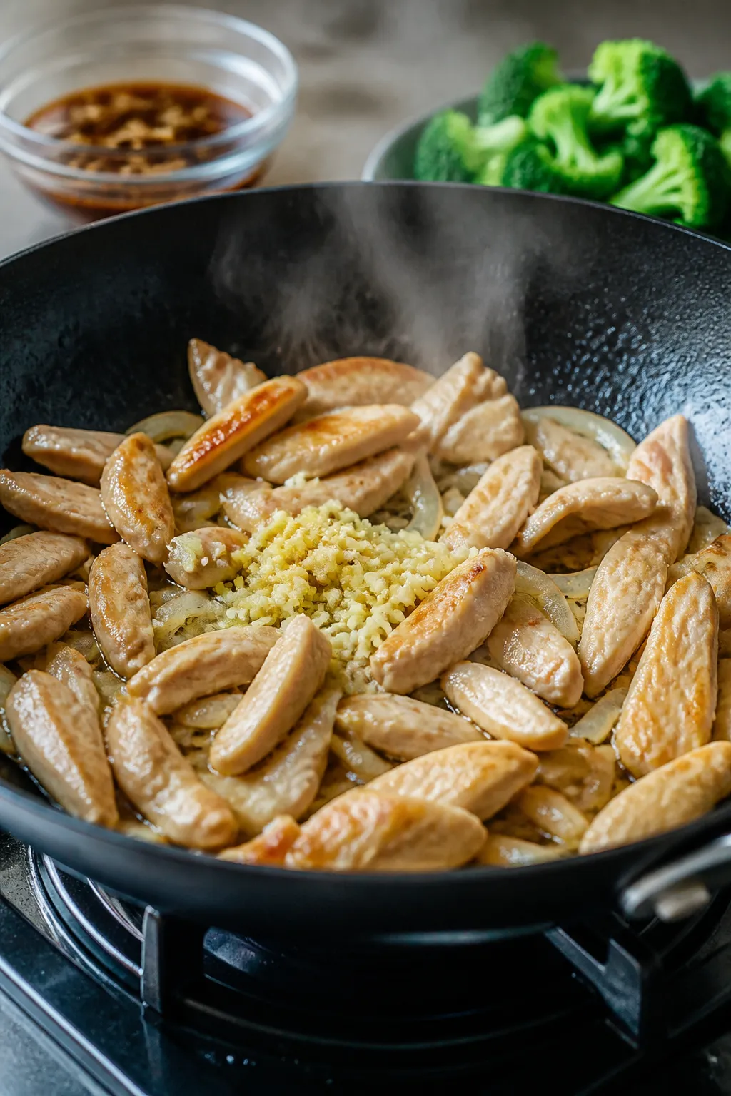 Cooking process, close-up action: Searing thin-sliced chicken breast in a wide, sizzling skillet ove