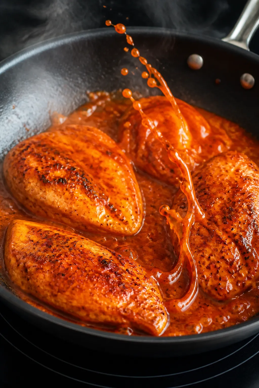 Cooking process, close-up action: Sizzling buffalo chicken breasts in a nonstick skillet, lightly br
