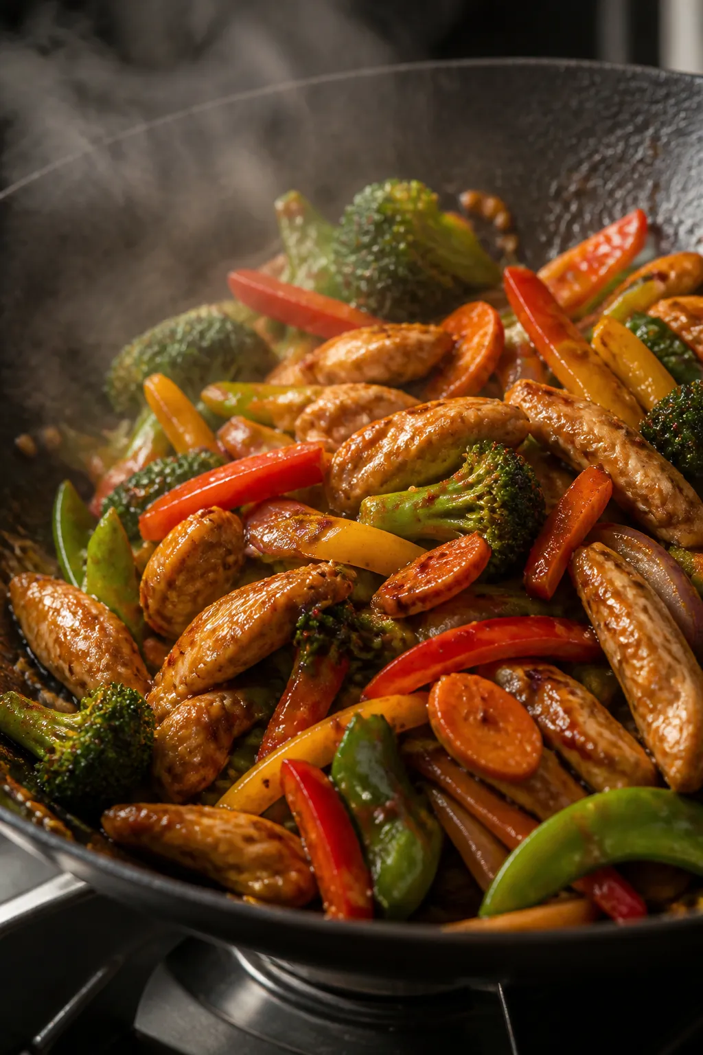 Cooking process, close-up action: Sizzling chicken stir fry in a hot wok, showing thin strips of bro