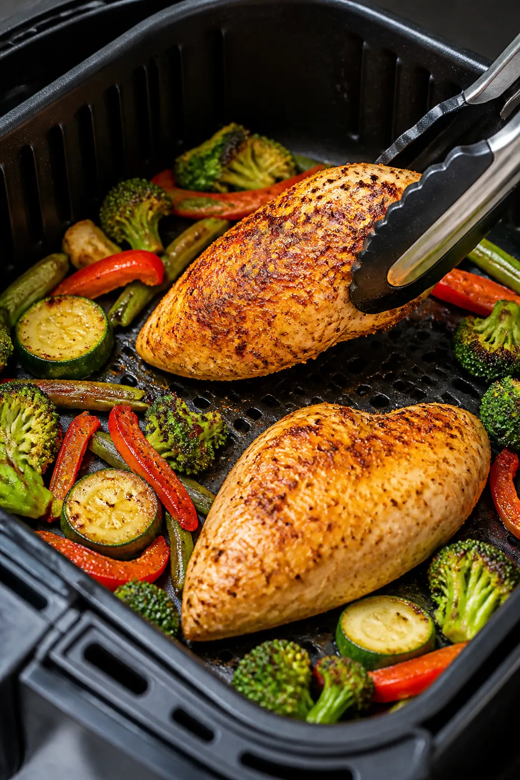 Cooking process close-up: Air-fried chicken breasts at the halfway flip in a preheated 375°F air fr