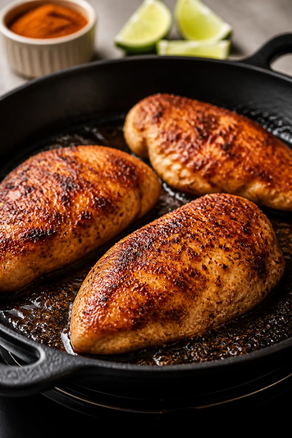Cooking process close-up: Chili-lime spiced chicken breasts sizzling in a cast-iron skillet, golden-