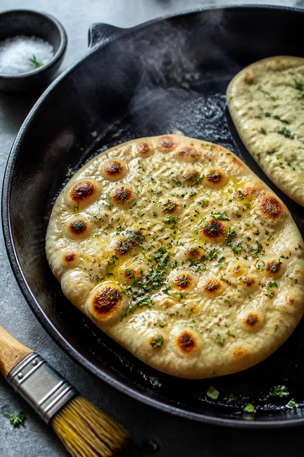 Cooking process close-up: Cottage Cheese Garlic Herb Flatbread puffing in a hot cast-iron skillet, g