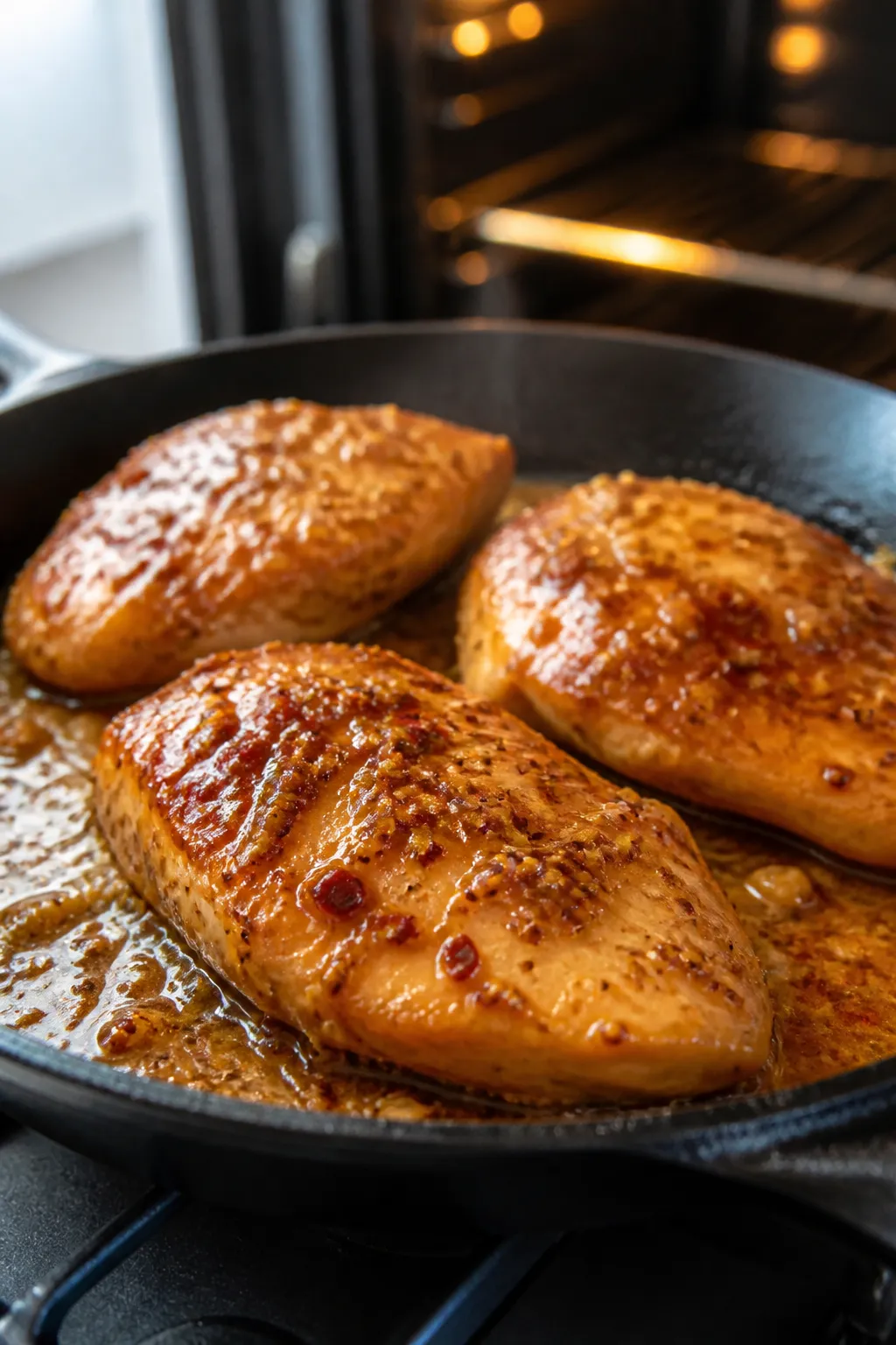 Cooking process, close-up detail: A tight, steamy skillet shot of seared honey mustard chicken just