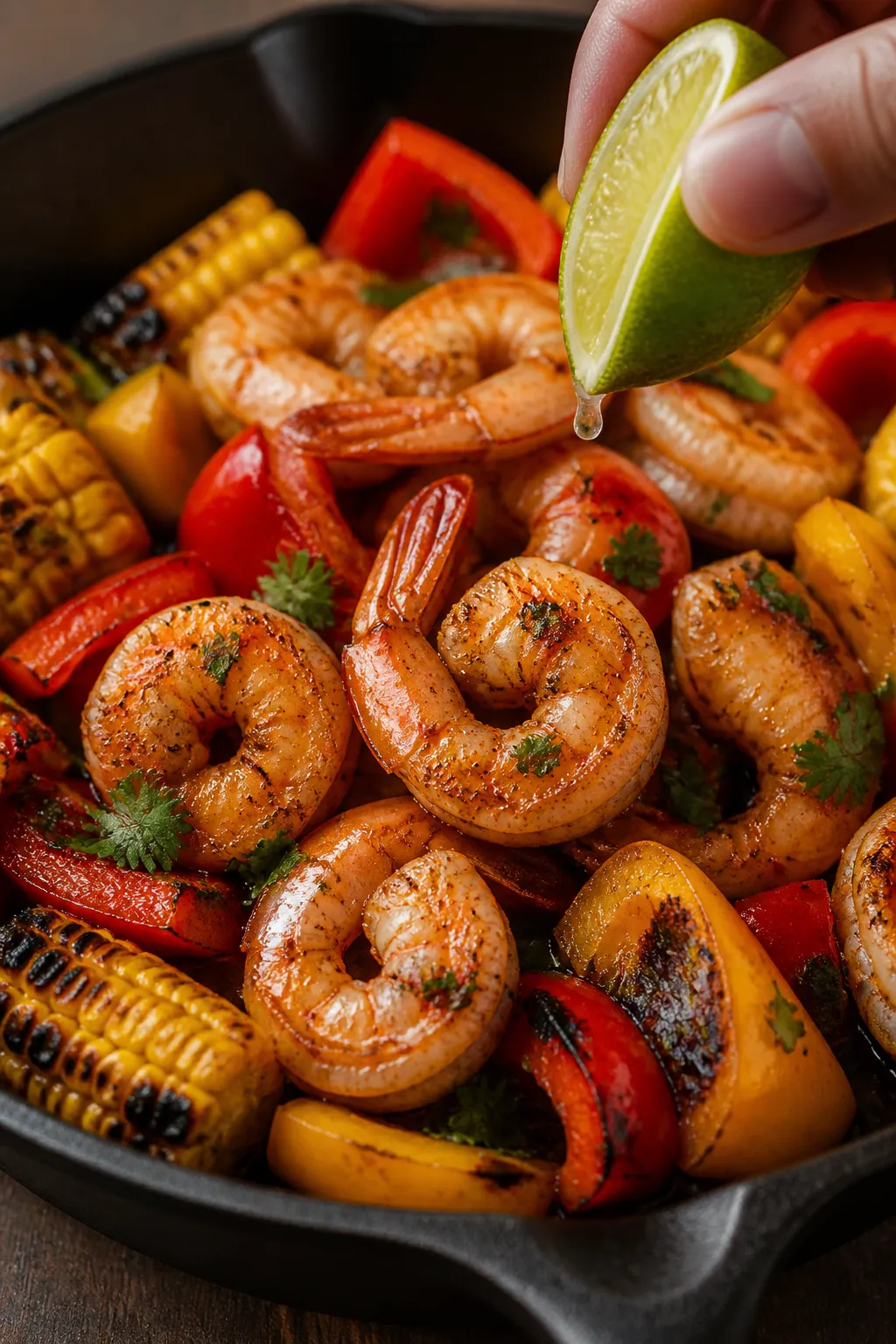 Cooking process, close-up detail: Cajun-seasoned shrimp sizzling in a cast-iron skillet, lightly sea