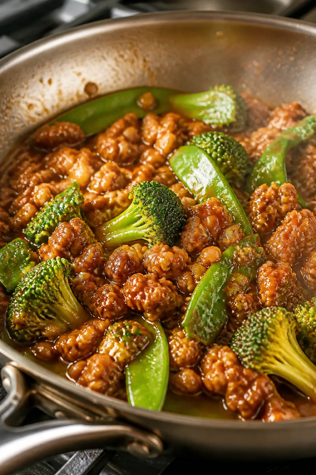 Cooking process, close-up detail: Caramelized ground chicken sizzling in a wide stainless skillet, c