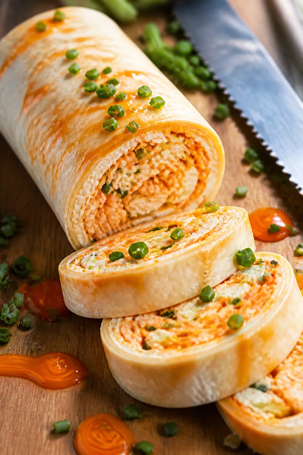 Cooking process, close-up detail: Close-up of a just-rolled buffalo chicken pinwheel log on a clean