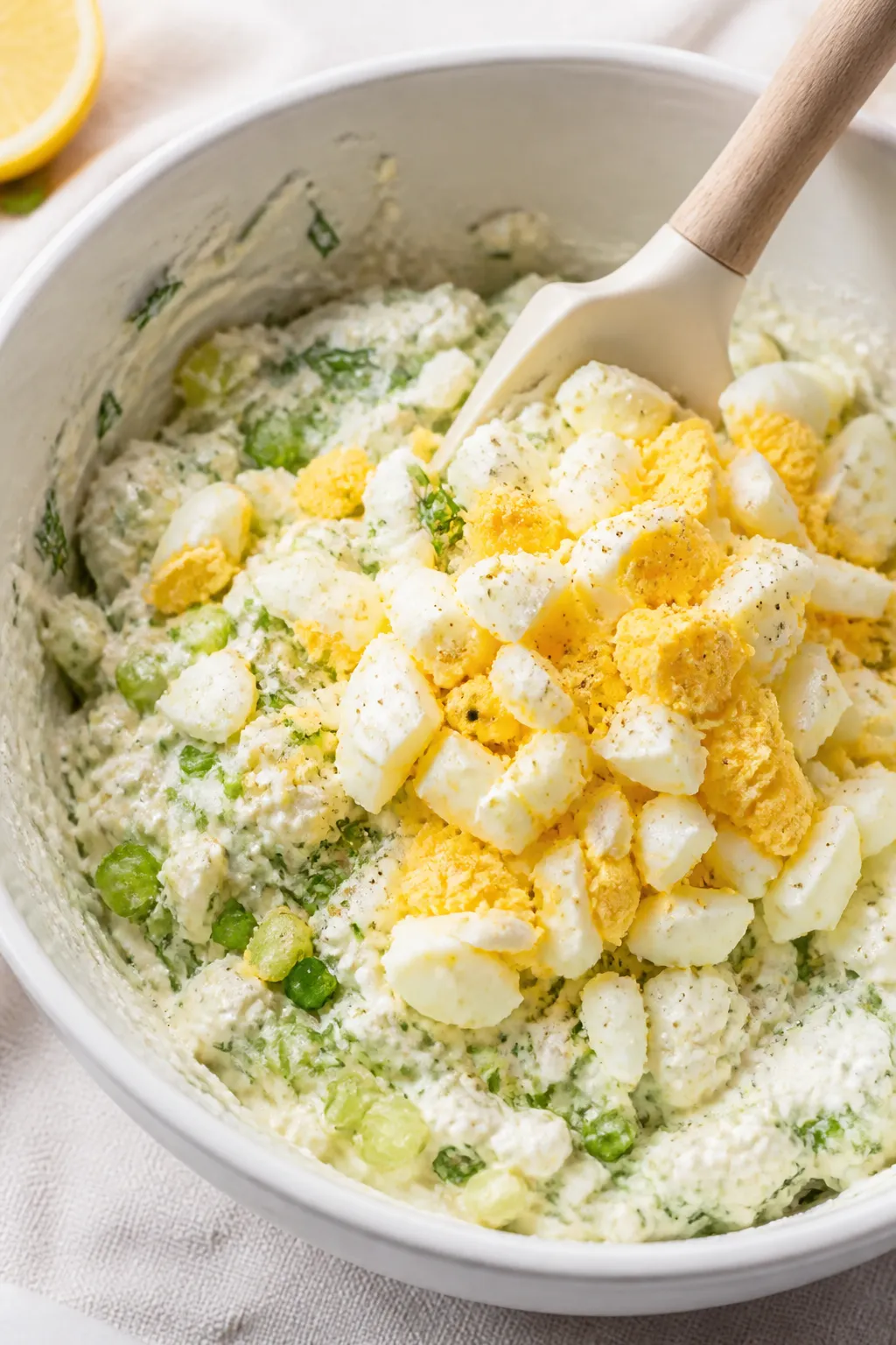Cooking process, close-up detail: Close-up of freshly chopped hard-boiled eggs being folded into a c