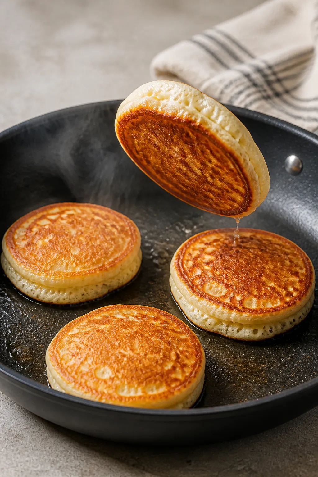 Cooking process, close-up detail: Cottage cheese protein pancakes on a preheated nonstick skillet at