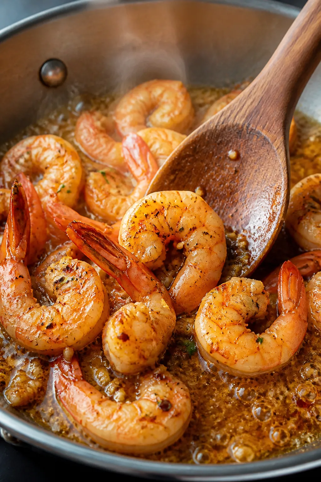 Cooking process, close-up detail: Garlic butter shrimp sizzling in a stainless-steel skillet over me