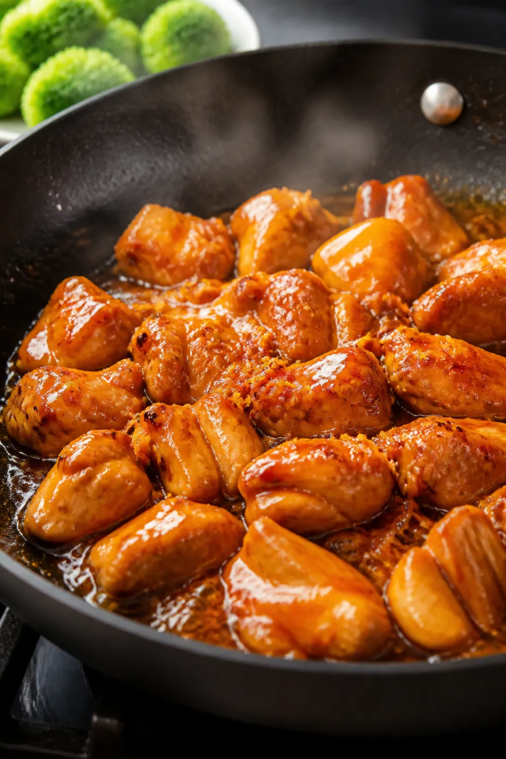 Cooking process, close-up detail: Glossy orange chicken sautéing in a wide nonstick skillet, bite-s