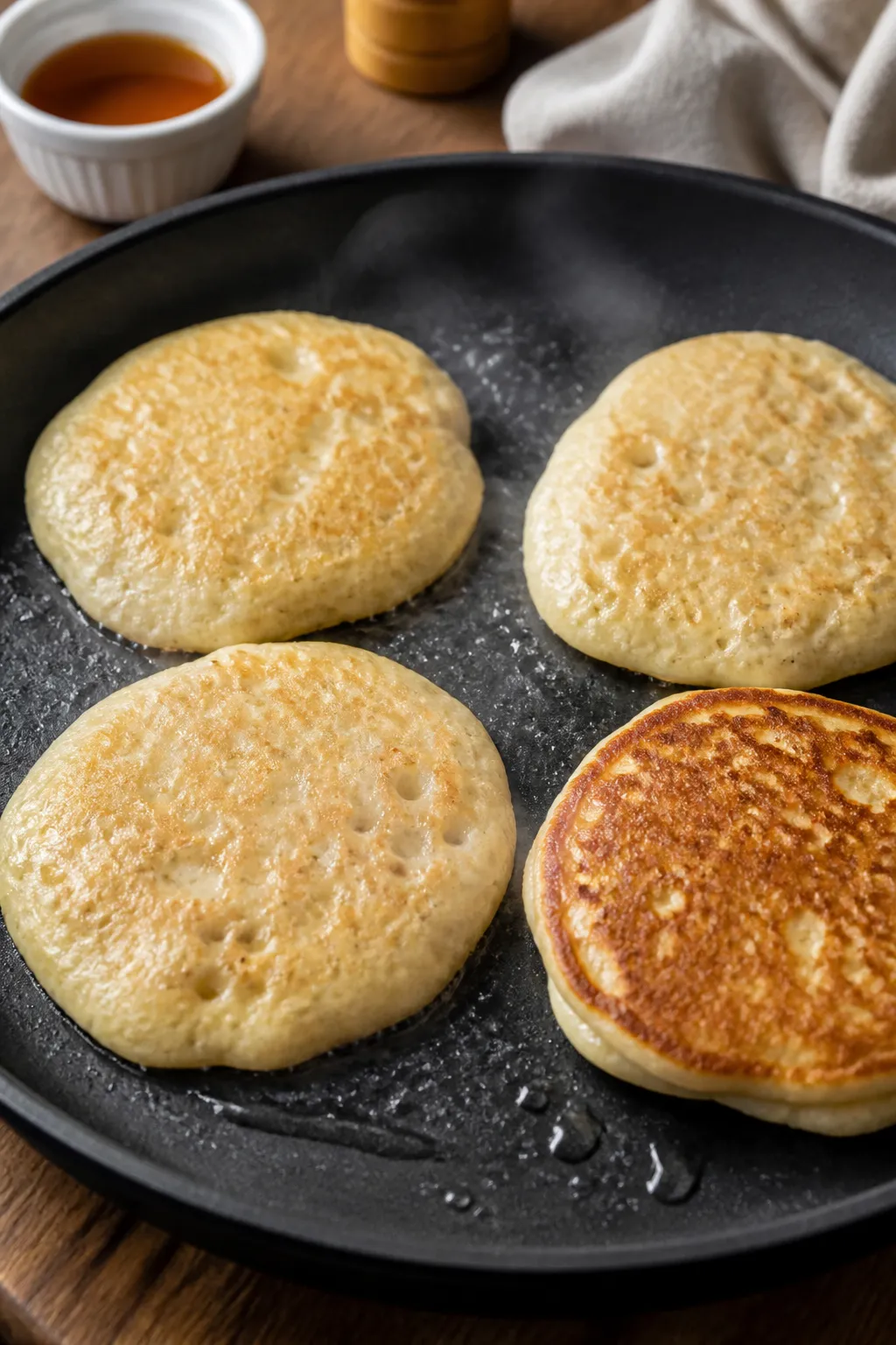Cooking process, close-up detail: Golden cottage cheese protein pancakes mid-cook on a matte black n