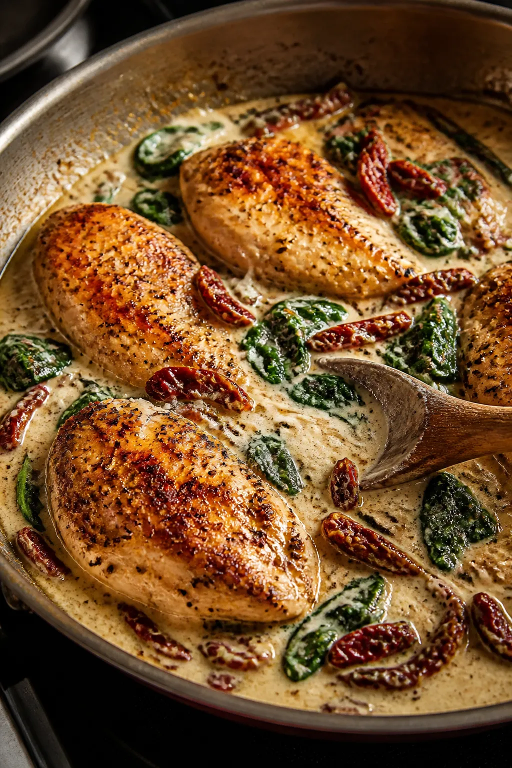 Cooking process, close-up detail: Golden-seared chicken breasts nestled back into a skillet of cream