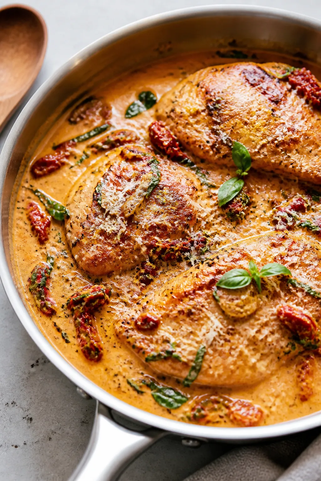 Cooking process, close-up detail: Golden-seared chicken breast cutlets nestled in a bubbling, creamy