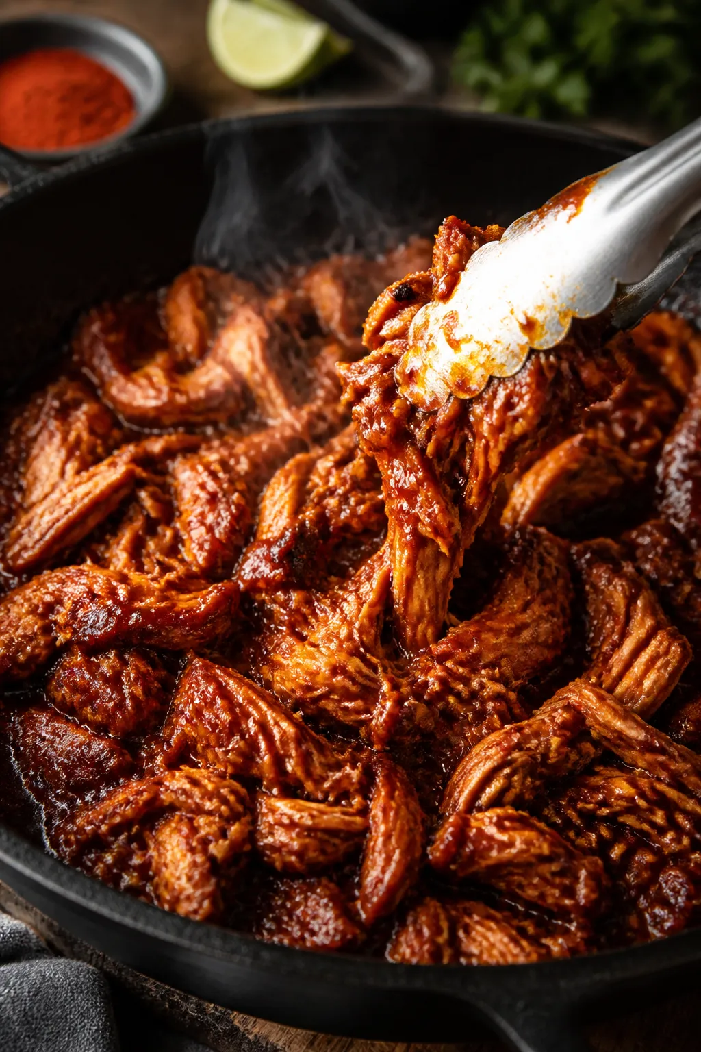 Cooking process, close-up detail: In a black cast-iron skillet over medium heat, shredded rotisserie