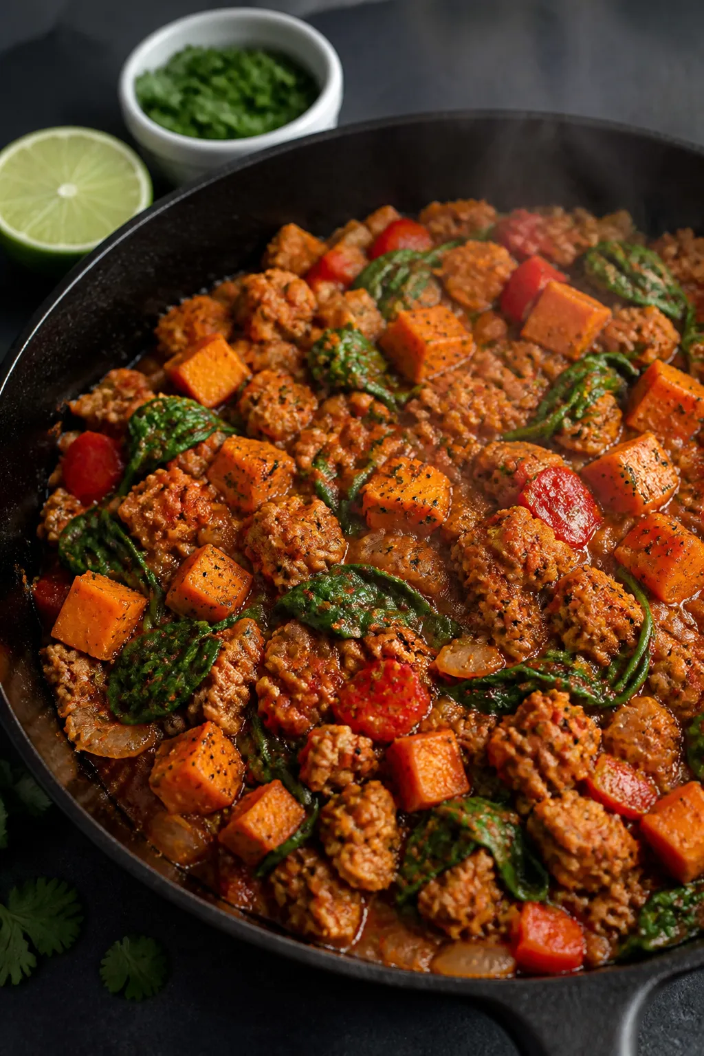 Cooking process, close-up detail: In-pan close-up of the ground turkey sweet potato skillet mid-simm
