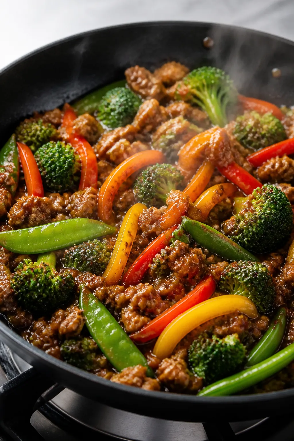 Cooking process, close-up detail: Lean ground turkey and mixed veggies sizzling in a large skillet, 