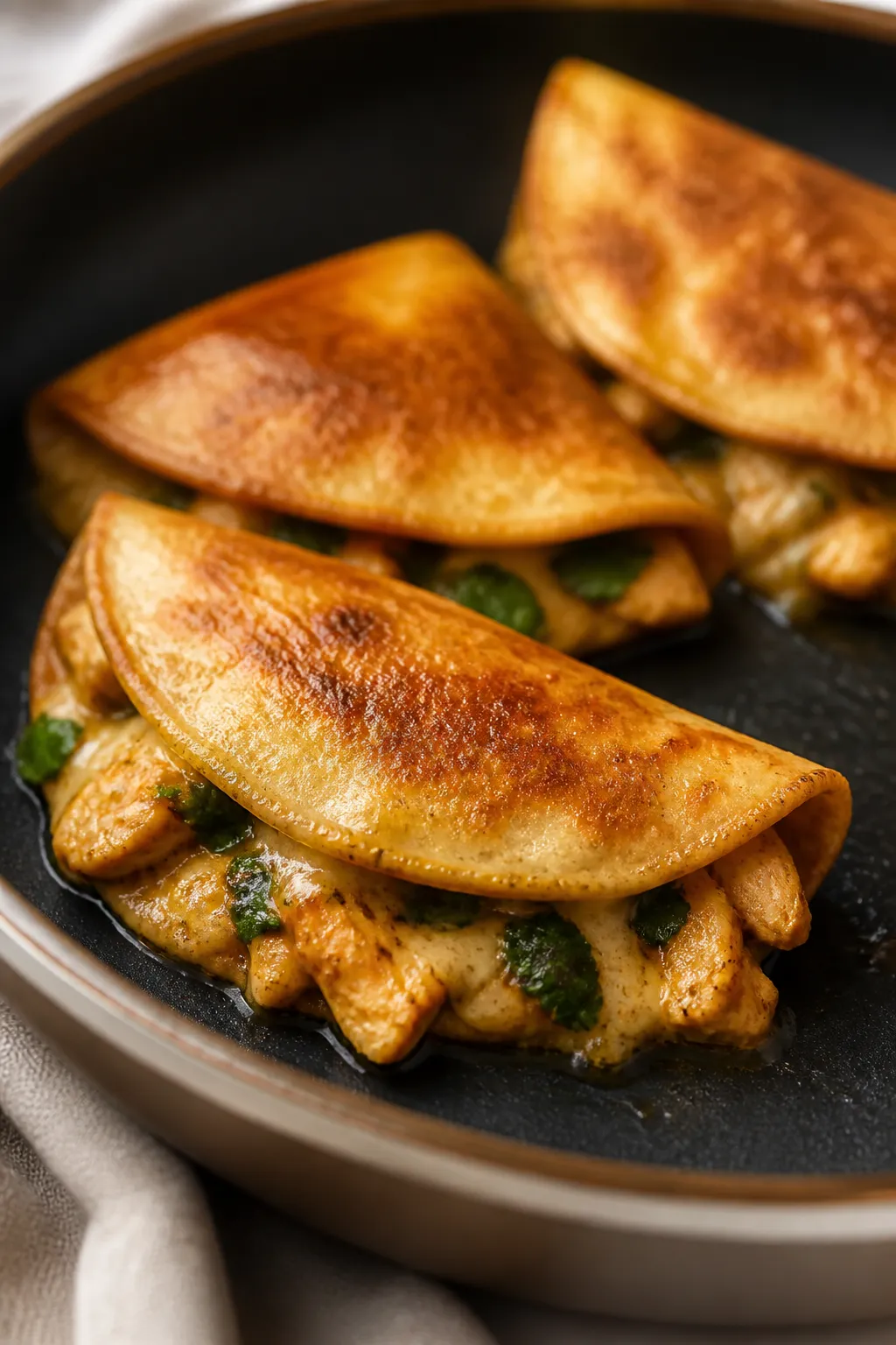 Cooking process, close-up detail: Mini chicken quesadillas sizzling in a nonstick skillet over mediu