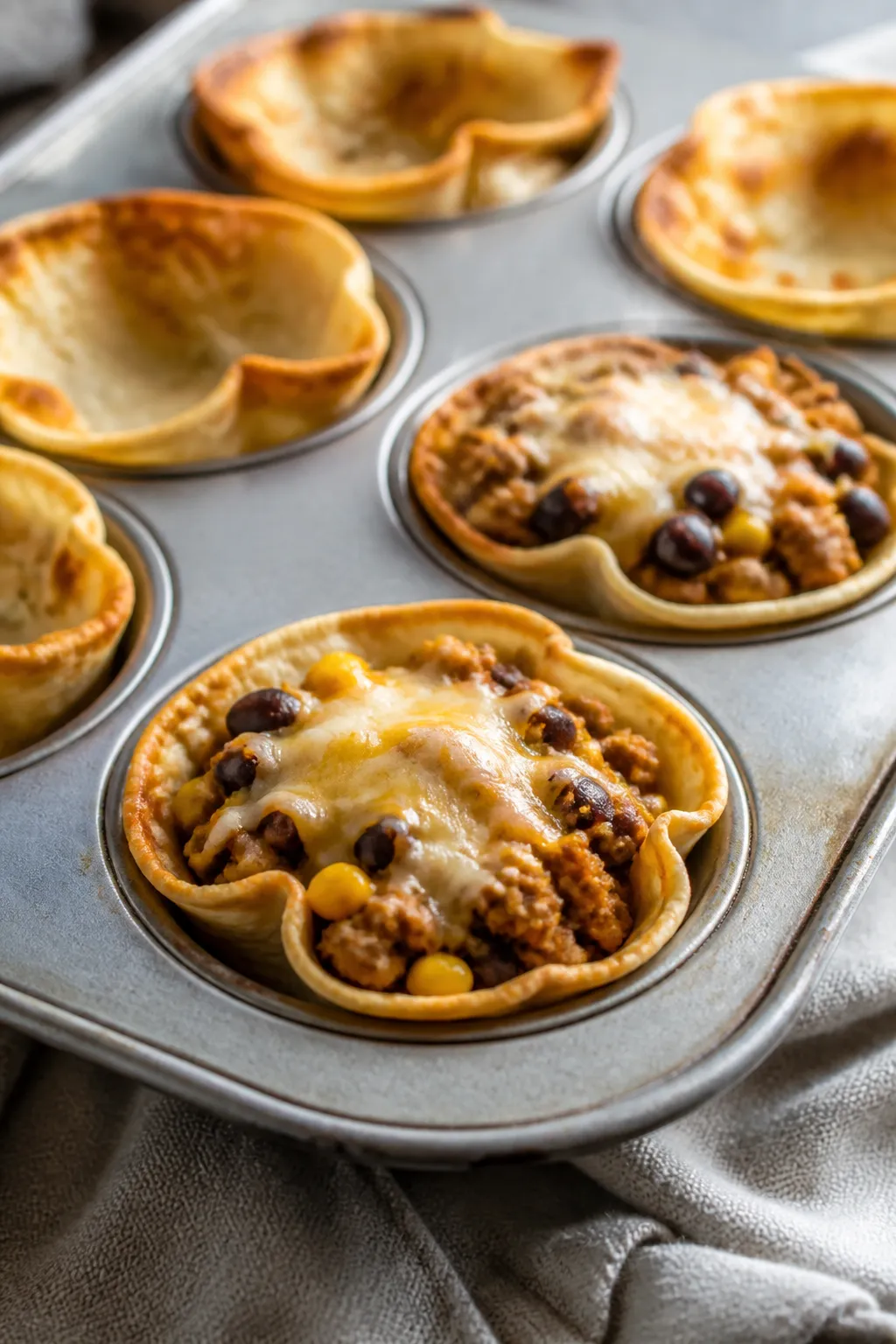 Cooking process, close-up detail: Mini tortilla cups par-baking in a muffin tin at 375°F, edges jus