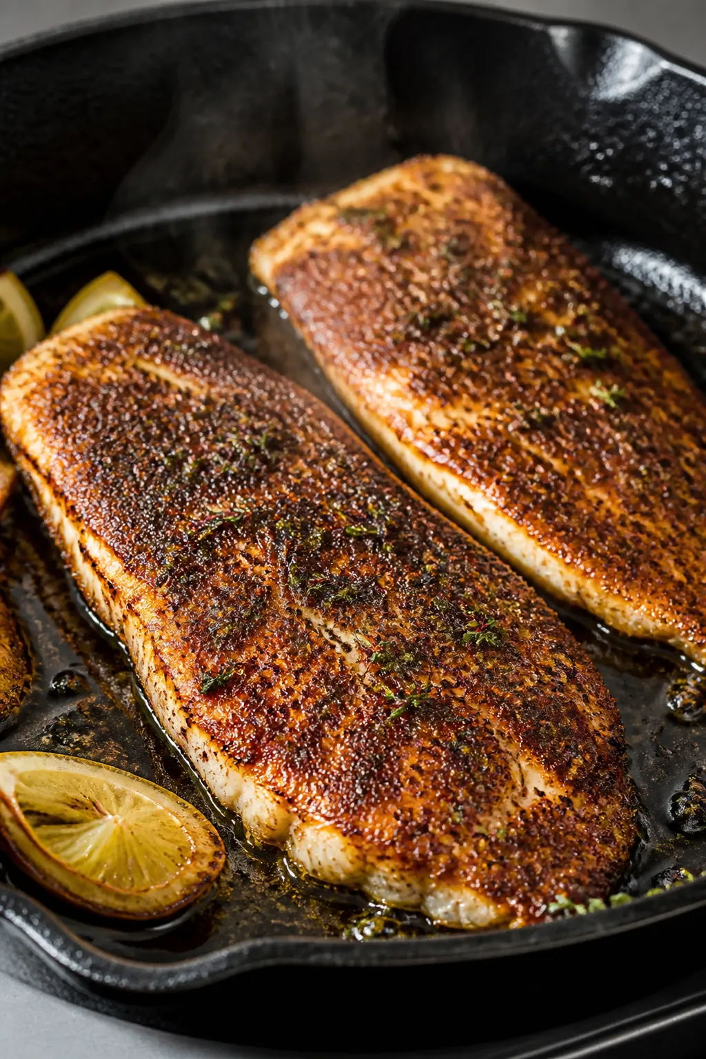 Cooking process, close-up detail: Searing blackened tilapia fillets in a hot cast-iron skillet, high