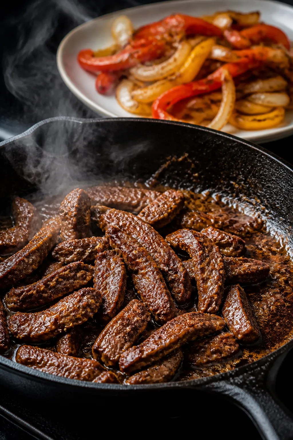 Cooking process, close-up detail: Searing thin strips of marinated lean beef in a blazing hot cast-i