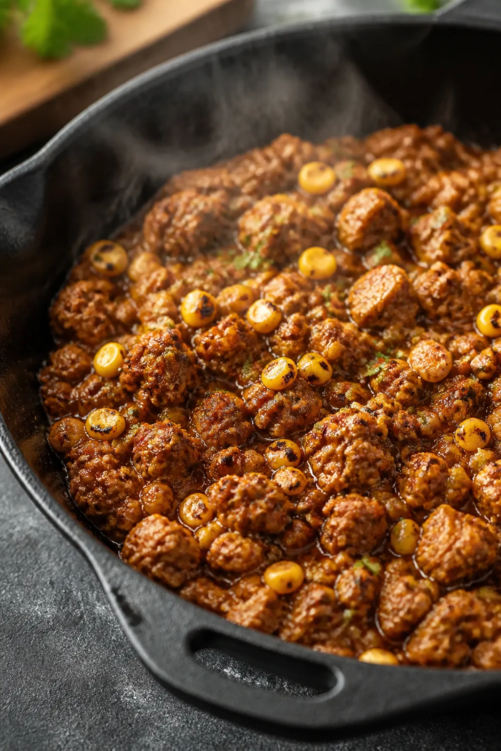 Cooking process, close-up detail: Seasoned ground turkey sizzling in a cast-iron skillet, glossy and