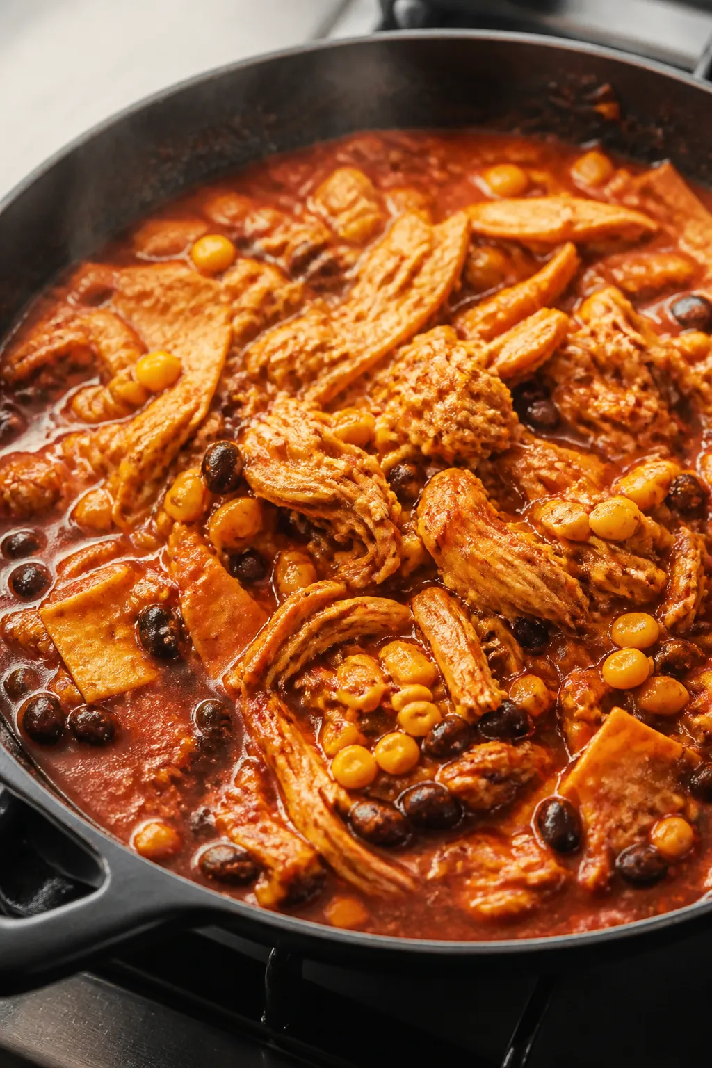 Cooking process, close-up detail: Shallow depth-of-field shot of shredded chicken being folded back 