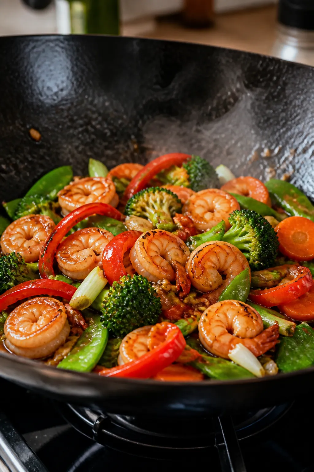 Cooking process, close-up detail: Shrimp stir fry mid-cook in a sizzling wok, shrimp just pink and c