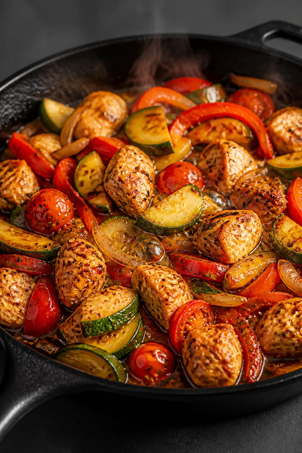 Cooking process, close-up detail: Sizzling chicken and zucchini skillet mid-cook, golden seared chic