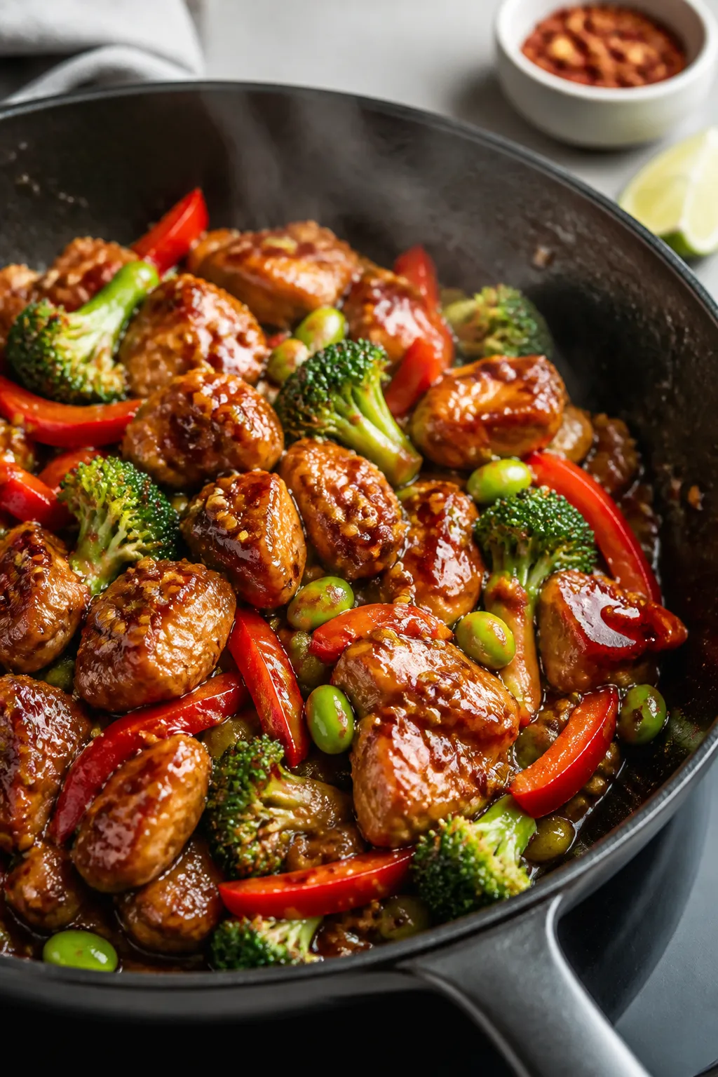 Cooking process, close-up detail: Sizzling garlic chicken being brought together in a skillet — bi