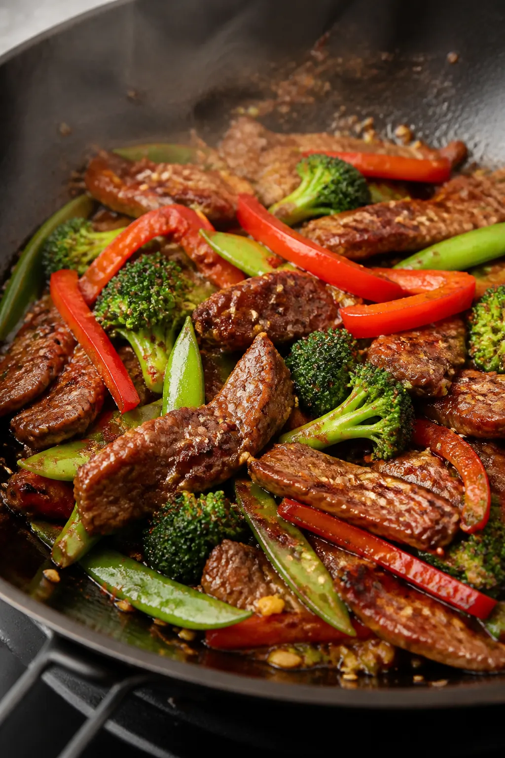 Cooking process, close-up detail: Sizzling high-heat beef stir fry in a carbon-steel wok, thinly sli