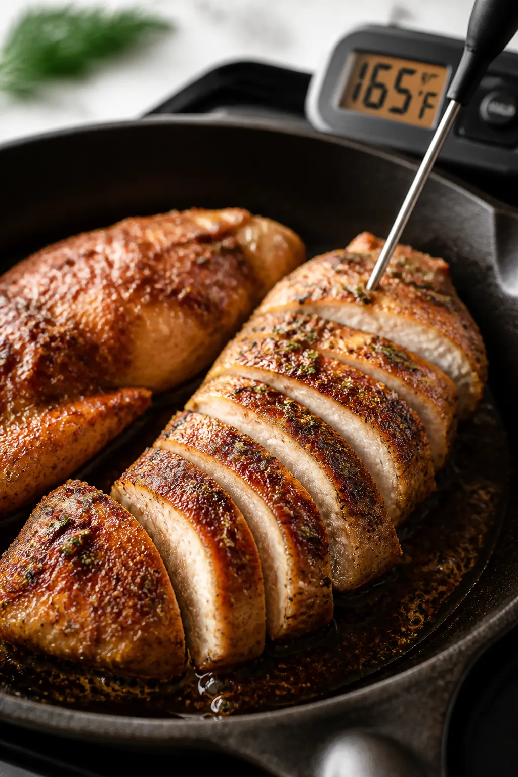 Cooking process, close-up detail: Sliced ranch-marinated chicken breast searing in a cast-iron skill