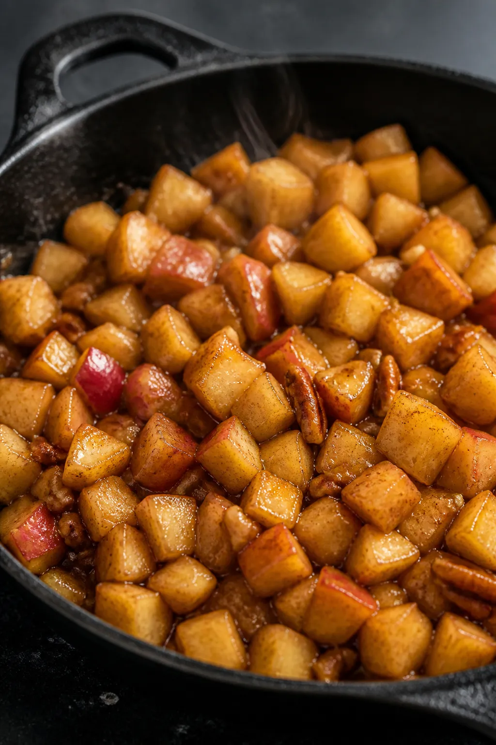 Cooking process close-up: Diced apples sautéing in a small black skillet, edges caramelized and glo
