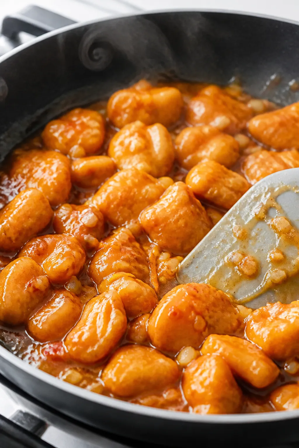 Cooking process close-up: Glossy orange chicken bites simmering in a wide nonstick skillet, coated i